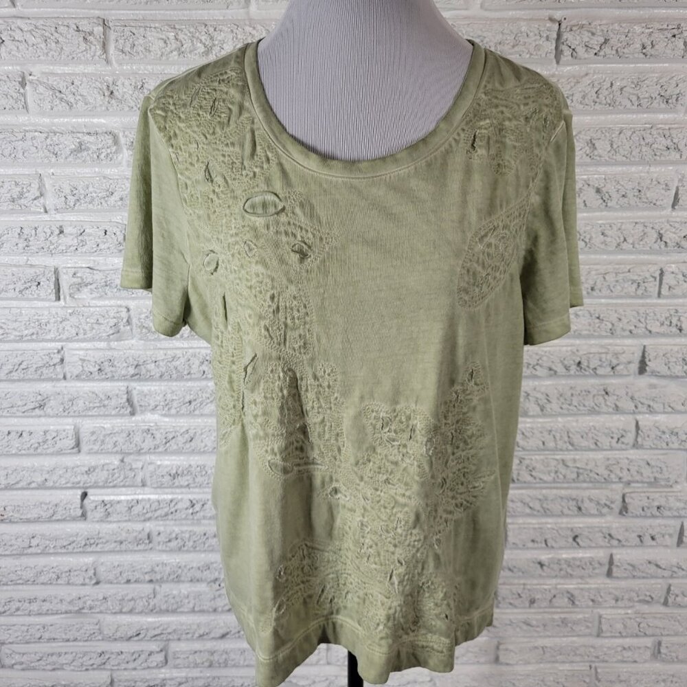 Chicos Womens XL Green Top Crew Neck Cotton Blend Embroidered Casual Tee GRE22XE